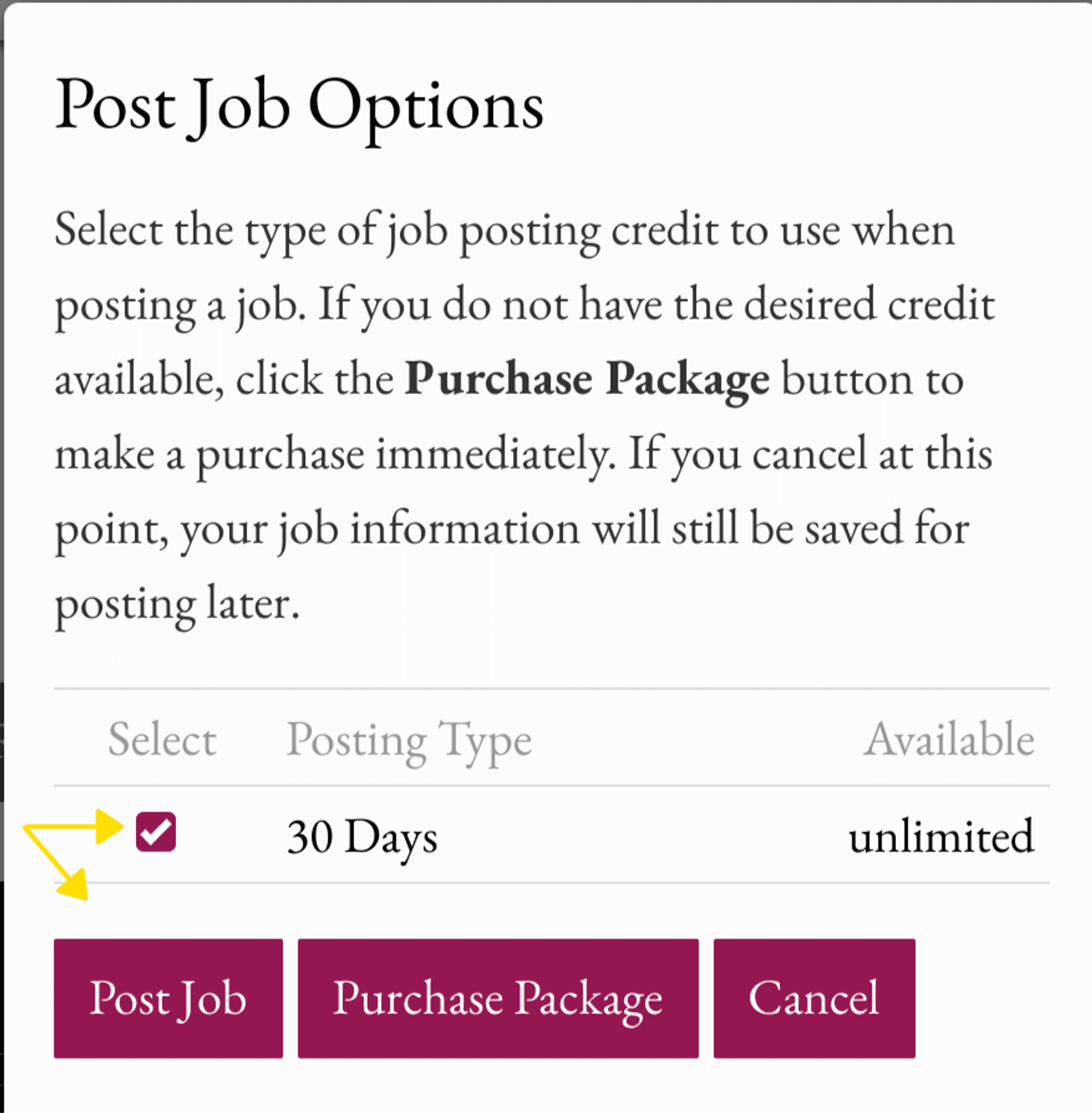 Post Job Options Screenshot for Job Board Guide