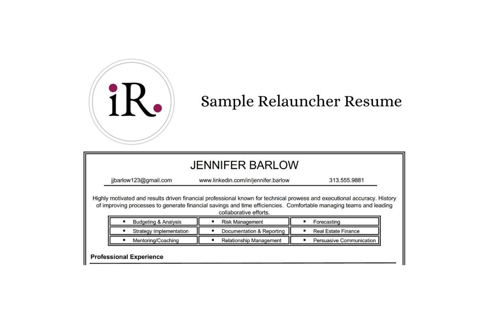 Sample Relauncher Resume Jennifer Barlow Thumbnail