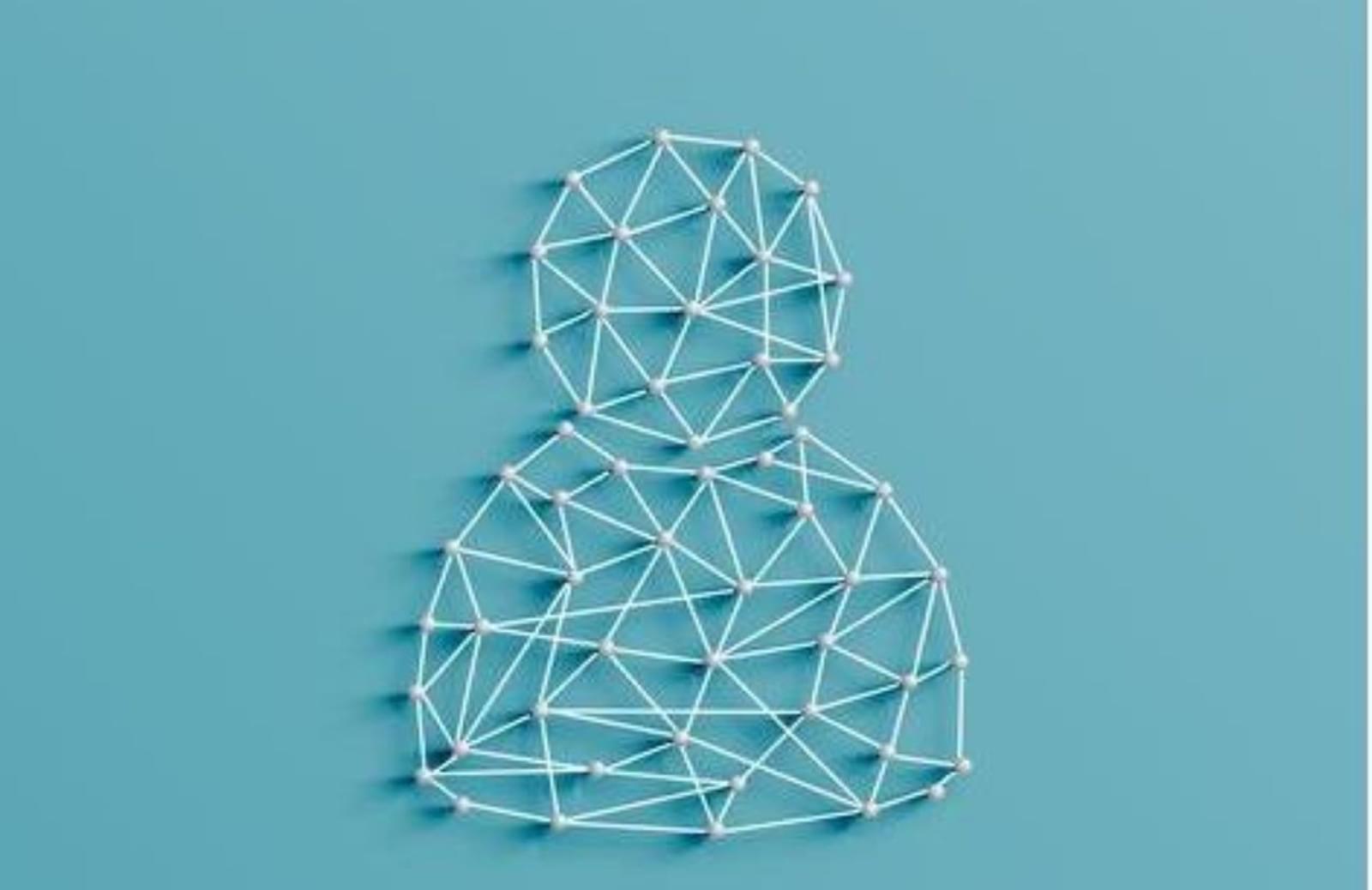 String art of head and shoulders against a blue background
