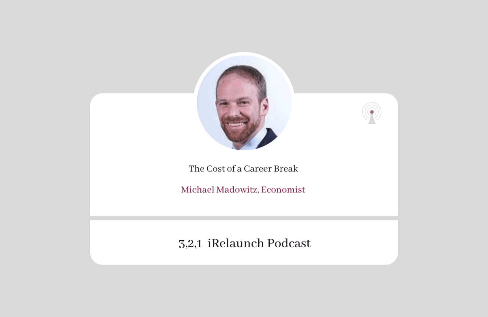 3, 2, 1 iRelaunch Podcast Thumbnail for Episode #60 with Michael Madowitz's headshot. The episode's title is: "The Cost of a Career Break."